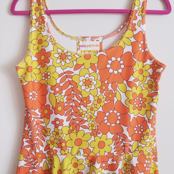 Kate Gabrielle retro floral orange and yellow sample dress size Small - Picture 2 of 3